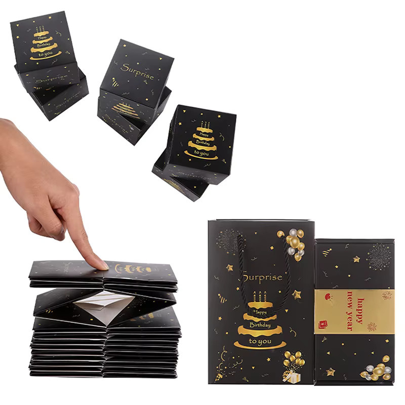 バR Sigur 10er Set faltbare Explosions-Geschenkboxen in Schwarz und Gold aus Papier für Valentinstag und Winter - Bild 6