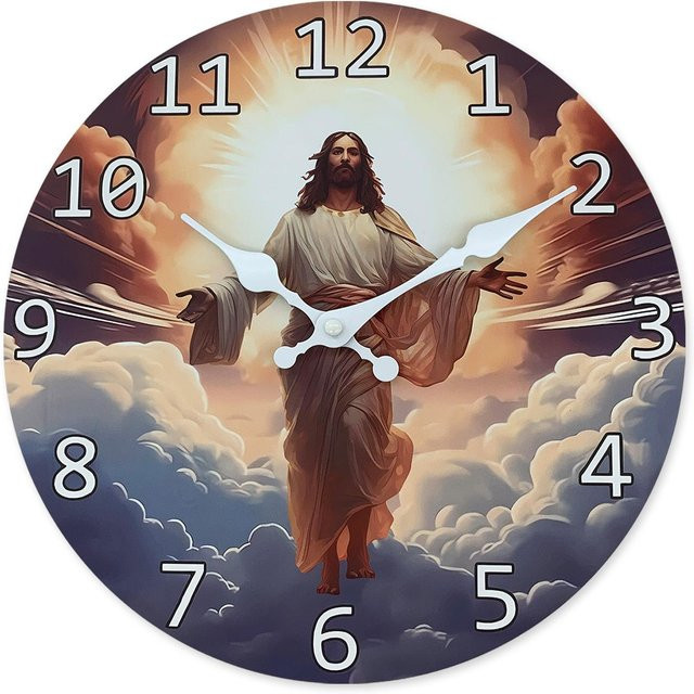 Linyi Toy Künstlerische Wanduhr aus Holz mit Jesus-Motiv und abstrakten Mustern, Durchmesser: 25,4 cm - Bild 1