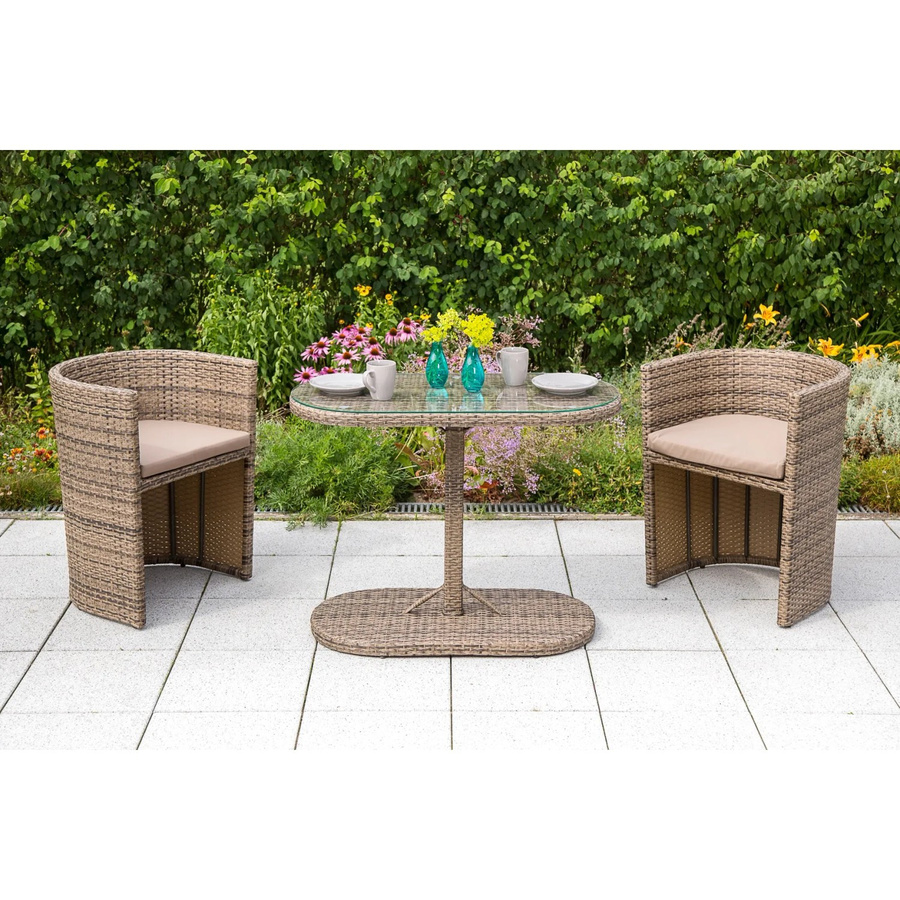 Merxx Ancona Gartenmöbel-Set 3-teilig aus Stahl und Kunststoffgeflecht in Beige mit ovalem Glastisch - Bild 2