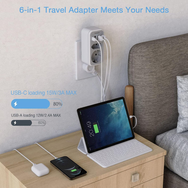 TESSAN Steckdosenadapter für USA, Kanada, Frankreich und Mexiko mit 3 USB-A und 1 USB-C Port in Grau - Bild 3