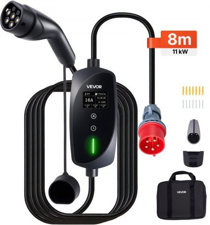 VEVOR Mobile Wallbox 11 kW 16 A Typ 2 Ladestation Schwarz, Tragbares 3-Phasen-Ladegerät mit 8 m Ladekabel, CEE16-Stecker, LCD-Bildschirm und IP66-Steuereinheit für Elektrofahrzeuge - Bild 1