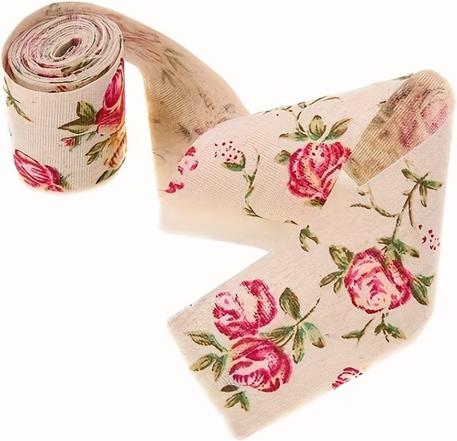 OEMOO Leinenrollenband mit Rosendruck in Gelb und Beige für DIY Haarschmuck und Geschenkverpackungen - Bild 1