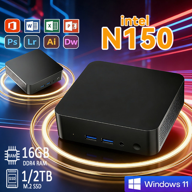Tragbarer Mini-PC mit Intel N150 Prozessor, Windows 11, 16GB RAM und 512GB SSD, WiFi 6, Schwarz - Bild 1