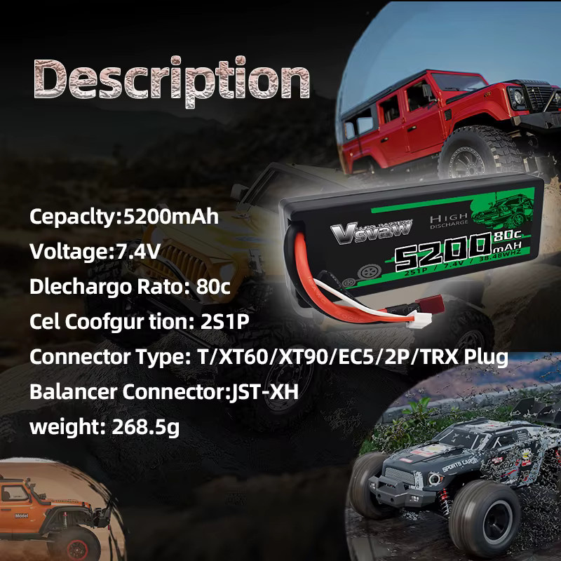 VSVAW 2S Lipo Batterie, 2-teiliges Set, 7,4 V 80C 5200mAh Hardcase T Stecker - Bild 3