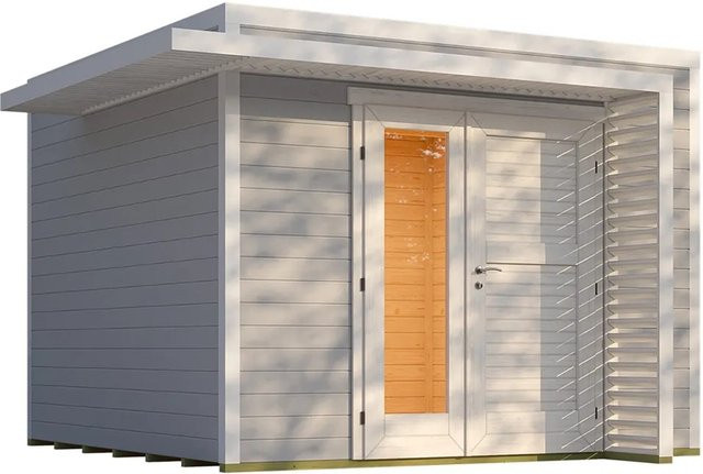 Weka Gartenhaus Amberley mit Flachdach und schwebendem Lamellenvordach in Grau-Weiß, B/T: 300 x 300 cm - Bild 1