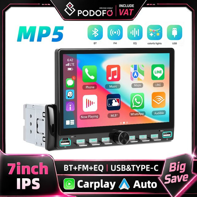 Podofo 7 Zoll 1 Din Autoradio MP5 Multimedia-Player mit Bluetooth, Wireless CarPlay, Android Auto und HD Touchscreen in Schwarz - Bild 1