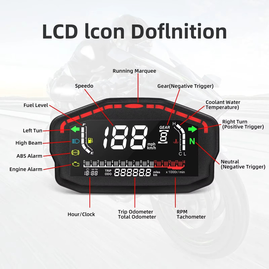 MAIMEIMI Universal Motorrad Digital Tacho mit Hintergrundbeleuchtung in Schwarz für BMW Honda Ducati Kawasaki Yamaha 2- und 4-Zylinder - Bild 2