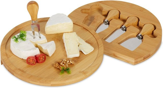 Relaxdays Käsebrett aus Bambus in Natur mit drehbarem 4-teiligem Besteckset - Bild 1