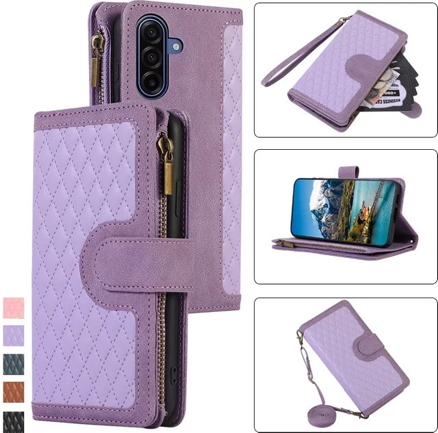 Leder Brieftasche mit Reißverschluss und Kartenfach als Handyhülle für Samsung Galaxy A-Serie in Braun oder Lila - Bild 1