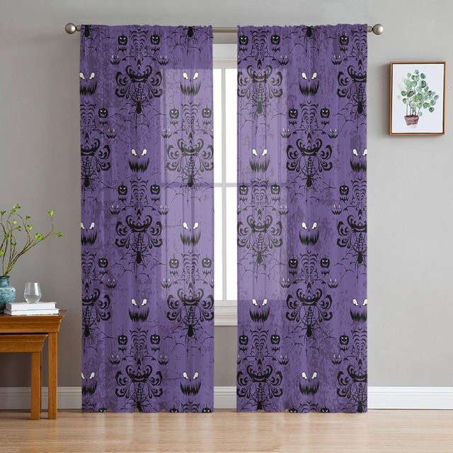 Yiran Furniture Halloween Spukhaus Fenstervorhänge aus Tüll und Organza, Lila Schwarz Transparent, B: 135 cm, H: 115 cm - Bild 1
