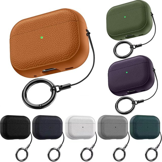 Luxus Lychee Leder Schutzhülle für Apple AirPods Pro 3 mit Haken und Trageriemen in Schwarz und Grün - Bild 1