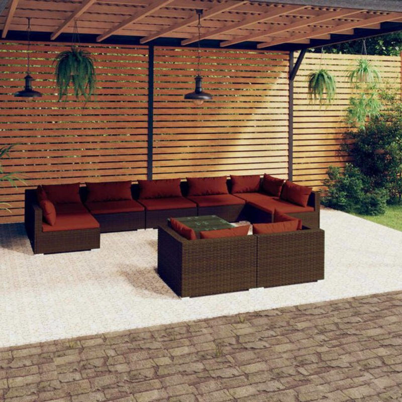 10-teiliges Gartenlounge-Set vidaxl aus Polyrattan in Braun mit Kissen und modernem Design - Bild 1