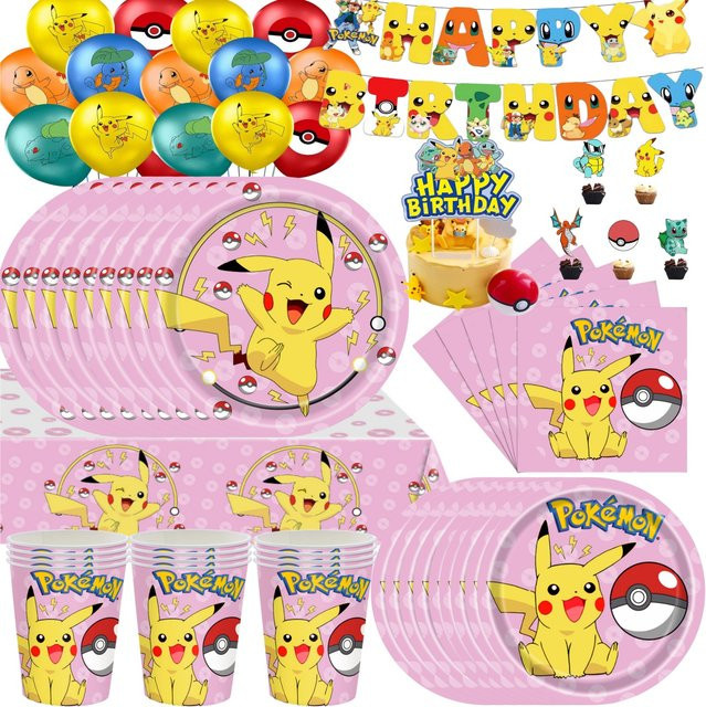 Potdemiel Pokémon Partydeko Set Pikachu in Pink für Kinder mit Teller, Tischdecke und Ballons - Bild 1