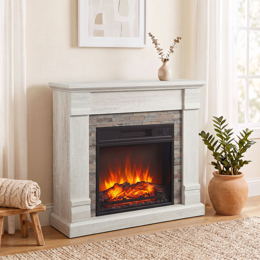 HOMCOM Elektrischer Kamin in Natur mit 1800 W Heizleistung, dekorativer Elektrokamin mit 3-stufiger Flammwirkung, TV-Ablage und Fernbedienung - Bild 2