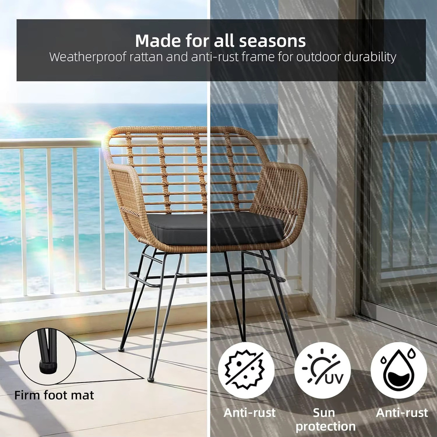 HiMISS 3-teiliges Rattan-Bistro-Set mit Tisch und Glasplatte sowie 2 gepolsterten Sesseln in Gelb und Schwarz - Bild 5