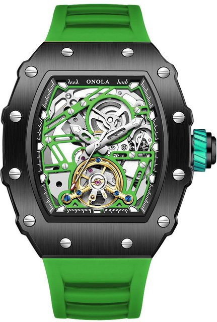 ONOLA Armbanduhr, Automatik, Edelstahl, Silber, Grün, Silikon, Herren - Bild 1