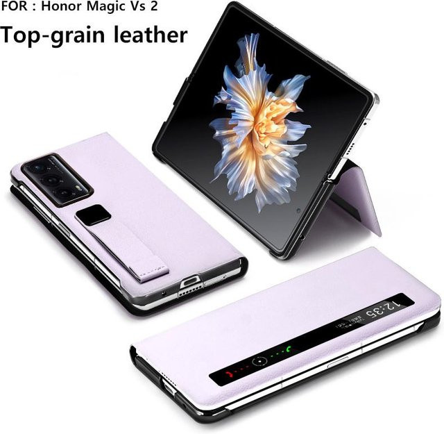 LANGSIDI Smart Flip Case für Honor Magic V3 aus echtem Leder mit magnetischem Ständer und Handgelenkschlaufe in Purple - Bild 1