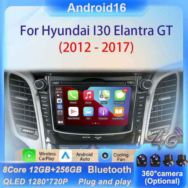 Android 16 Multimedia Autoradio für Hyundai I30 Elantra GT 2012 - 2017 mit 7 Zoll Display, Wireless CarPlay, Split Screen, DSP Stereo und WiFi in Schwarz - Bild 1