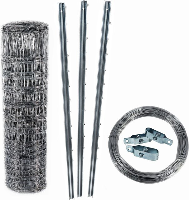Aquagart Wildzaun Knotengeflecht Set aus verzinktem Stahl in Silber, Länge: 50 m, Höhe: 200 cm, inklusive Pfosten und Spanndraht - Bild 1
