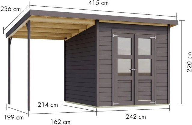 Karibu Gartenhaus Merseburg mit Anbaudach in Grau, Holzgartenhaus mit Pultdach und Doppeltür, B/T/H: 415 x 236 x 219 cm - Bild 1