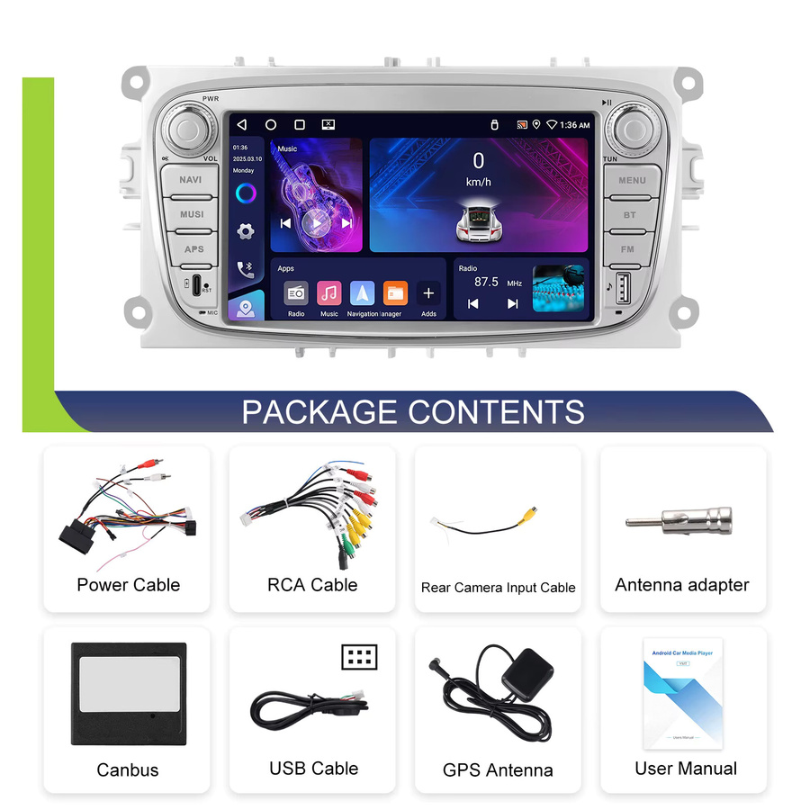 Podofo 7 Zoll Android Auto und Apple CarPlay Multimedia Radio mit GPS, WLAN, Bluetooth und Sprachsteuerung für Ford Focus - Bild 6