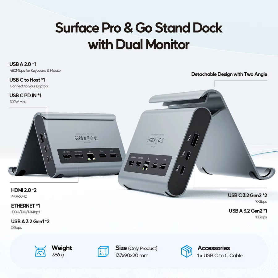 PULWTOP USB C Dockingstation in Grau mit 2 HDMI 4K, USB-C/A 10 Gbit/s, USB-A 5 Gbit/s und RJ45 für Surface Pro, Dell, HP und Lenovo - Bild 2