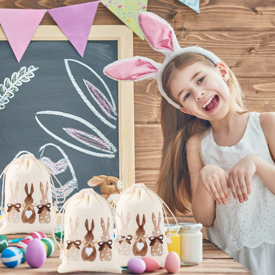 6 Stück Huiran Ostern Geschenktüten aus Leinen mit Hasenmuster in Beige für Süßigkeiten und Kekse - Bild 2