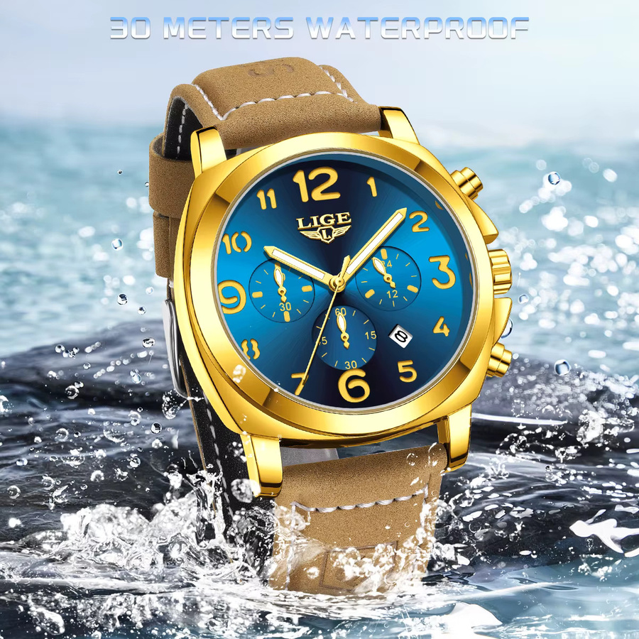 LIGE Armbanduhr Quarz, Leder, Blau, Herren - Bild 4