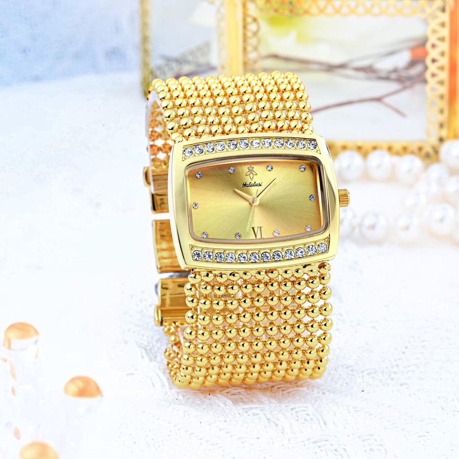YaLaLu Damenuhr, quadratisch, diamantbesetzt, Quarz, Gold - Bild 3