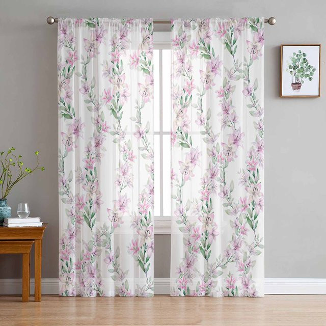 Transparente Aquarell Lilien Vorhänge aus Tüll und Organza in Weiß, B: 135 cm, H: 115 cm - Bild 1