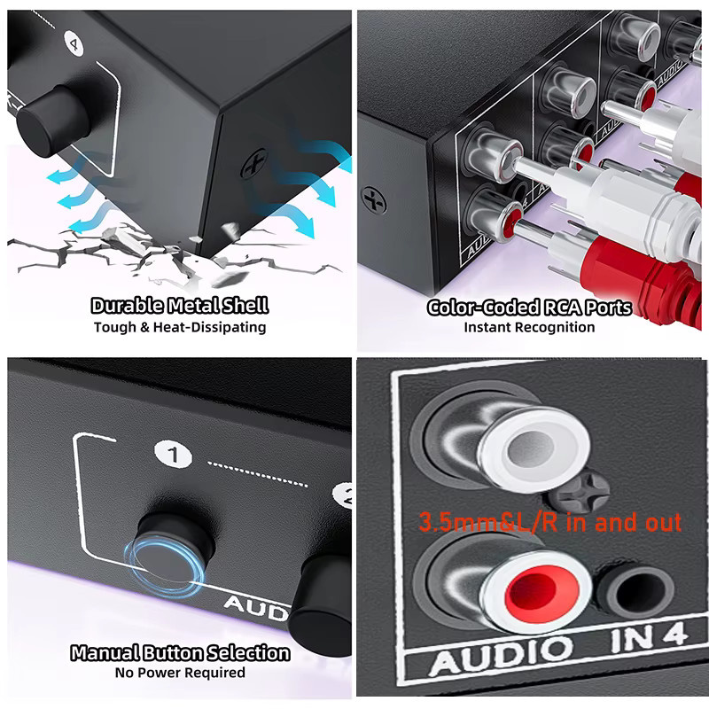 HDmatters RCA AUX Audio-Umschalter 4-in-1 Bidirektionaler Wahlschalter für 3,5mm Klinke und RCA L/R in Schwarz - Bild 5