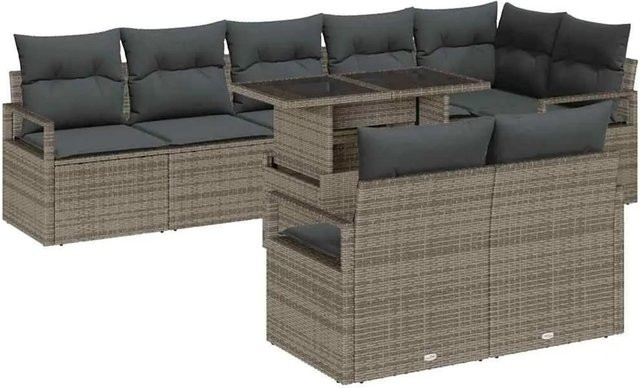 vidaXL Garten-Sofa-Set 9-tlg aus Poly-Rattan in Grau mit Kissen und Couchtisch - Bild 1