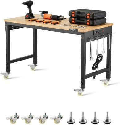VEVOR Werkbank mit Eichenholzplatte in Braun und Schwarz, Tragkraft 907 kg, mit Steckdose, Rollen und Stecktafel, B/T/H: 122,0 x 61,0 x 71,1 cm - Bild 1