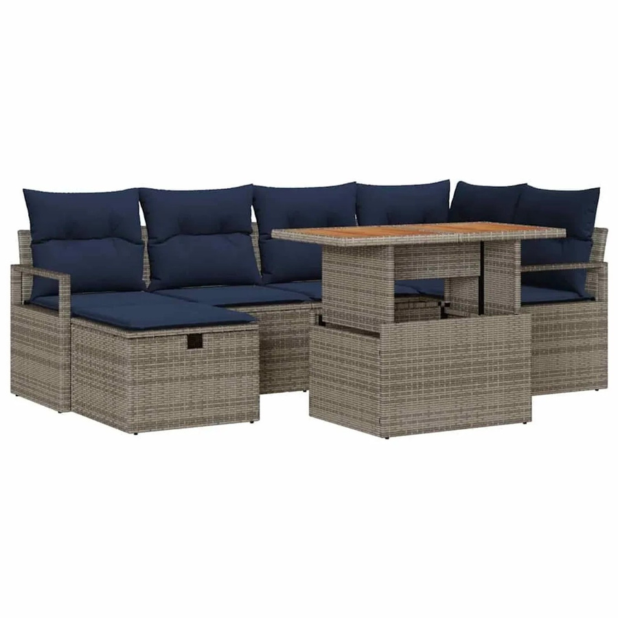 vidaXL Gartensofa-Set aus Poly-Rattan in Grau, 7-teiliges L-Shape Lounge-Set mit Kissen, Ottoman und Couchtisch für Garten, Terrasse oder Balkon - Bild 2