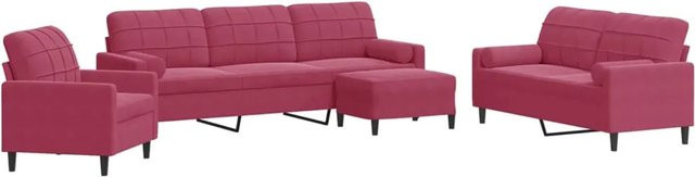 vidaXL 4-teilige Sofagarnitur aus Samt in Weinrot mit Kissen und Ottoman und Metallgestell - Bild 1