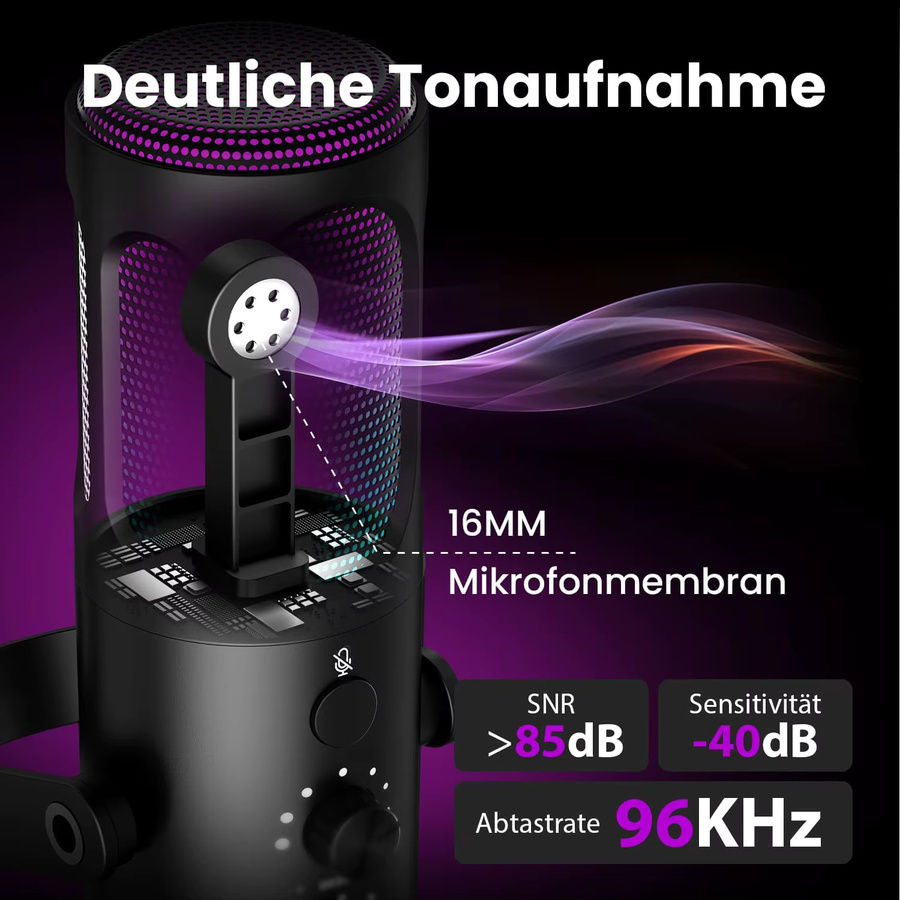 PUPGSIS USB-Kondensatormikrofon für PC, PS4/5 und Mac in Schwarz mit Geräuschunterdrückung, Stummschaltung, Reverb, verstellbarem Schwenkarm und Pop-Filter - Bild 2