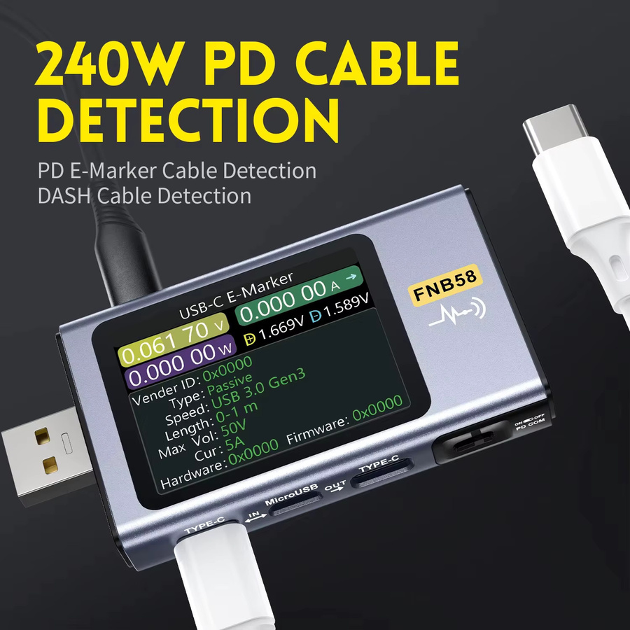 FNIRSI FNB58 USB-Tester zur Messung von Spannung, Strom und Leistung mit Typ-C Schnellladungsprotokoll-Erkennung sowie Kapazitäts- und Rippelmessung - Bild 3