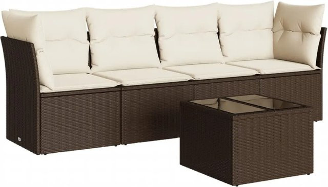 vidaXL 5-teilige Garten-Sofagarnitur in L-Form aus braunem Poly-Rattan mit Tisch und Kissen in Creme-Braun - Bild 1