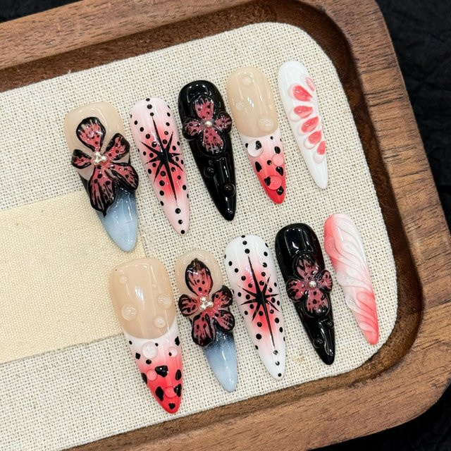 YADORNOS Kunstnägel, 10 Stück, Diablo-Gothic-Stil, 3D-Blumen, Glänzend, Damen - Bild 1
