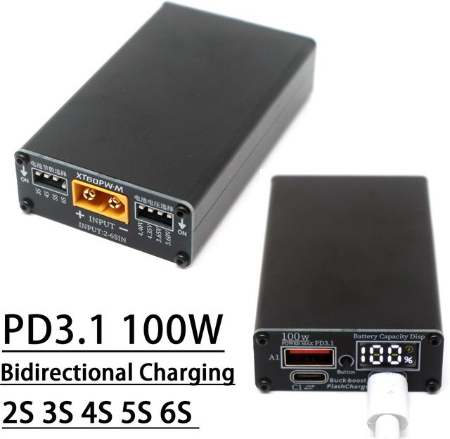 DykbRadio Bidirektionales 100W PD3.1 Schnellladegerät mit Kapazitätsanzeige Typ-C und XT60 für 2S-6S Liion und LiFePO4 RC Batterien, Schwarz - Bild 1