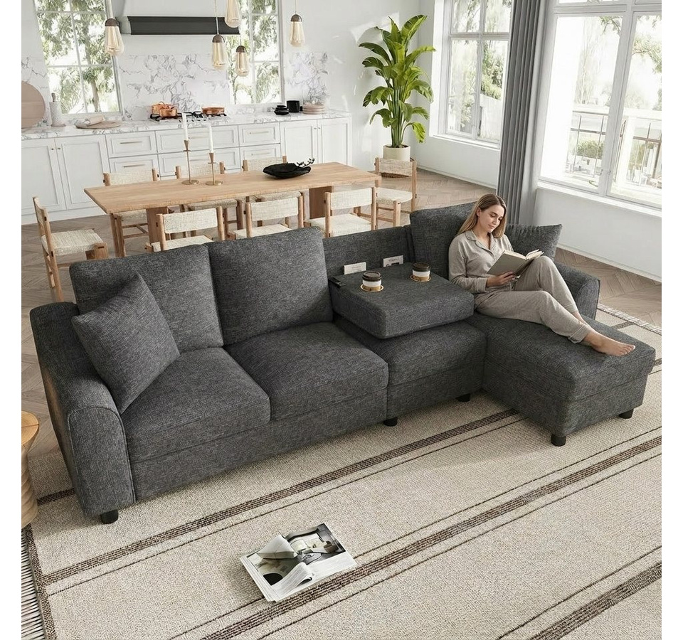 Merax Ecksofa in L-Form als 4-Sitzer aus Chenille mit Chaiselongue, klappbarer Rückenlehne, Getränkehaltern und Bettkasten mit Stauraum - Bild 1