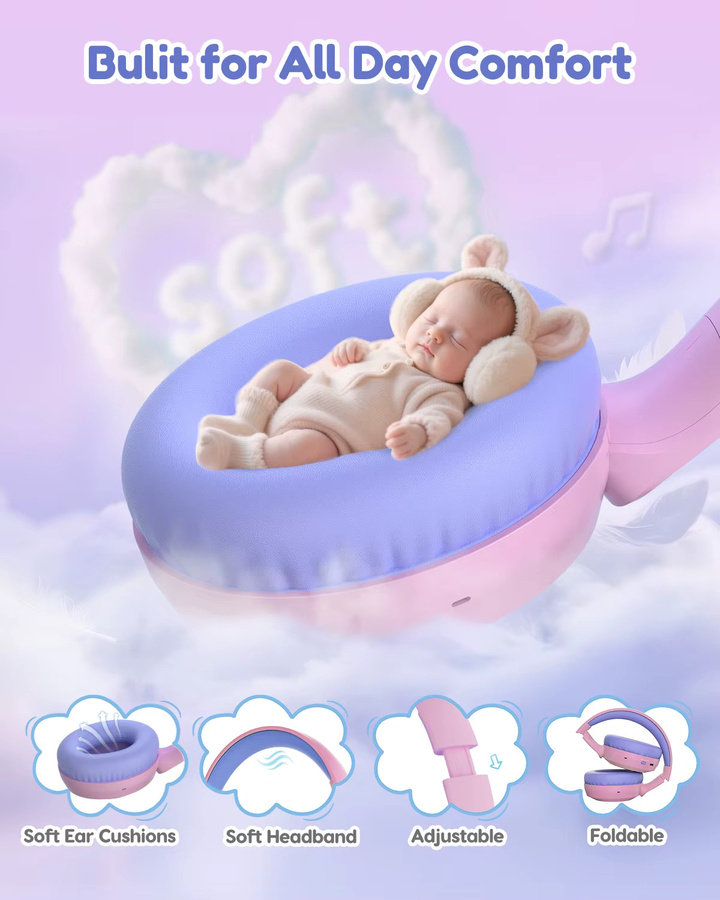 Acer Kids Bluetooth 6.0 Over-Ear-Kopfhörer mit Lautstärkebegrenzer 85/94 dB, faltbar, kabellos, 60 Stunden Spielzeit, in Pink oder Purple - Bild 2