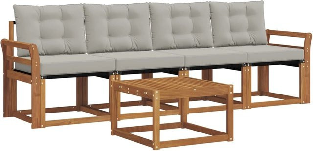 vidaXL Outdoor-Sofagarnitur 5-teilig aus Akazienholz mit Textilene und Kissen in Natur und Hellgrau - Bild 1