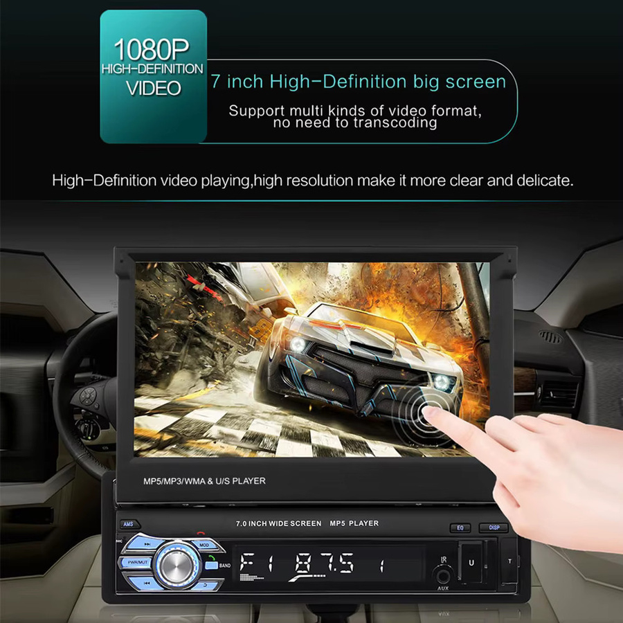 Podofo 1Din Autoradio mit 7 Zoll HD ausziehbarem Touchscreen, Mirror Link, Bluetooth, Multimedia-Player, MP5, USB, AUX und FM in Schwarz - Bild 4