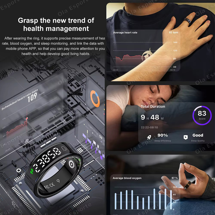 Ola Esporte R11 Smart Ring mit LED Display für Männer und Frauen in Schwarz zur Herzfrequenz- und SpO2-Überwachung mit Wasserdichtigkeit und Multi-Sport-Modi - Bild 4