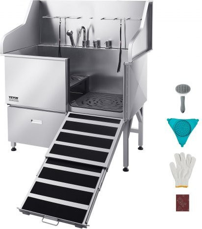 VEVOR Hundewaschstation aus 304 Edelstahl in Silber mit rutschfester Rampe, Schublade und Warm- und Kaltwasserhahn, All-in-One Pflegebadewanne für Pflegesalons mit rechter Tür - Bild 1