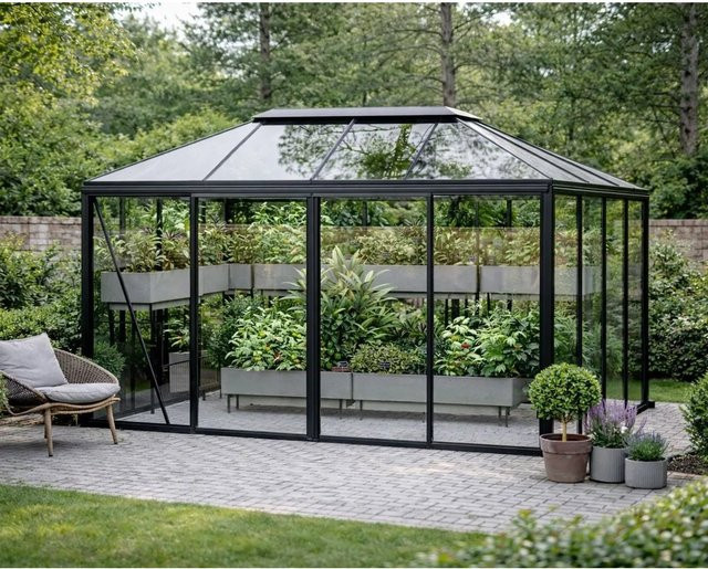 Bloomcabin Pyramiden-Gewächshaus GHP2 aus Aluminium und Sicherheitsglas in Schwarz - Bild 1