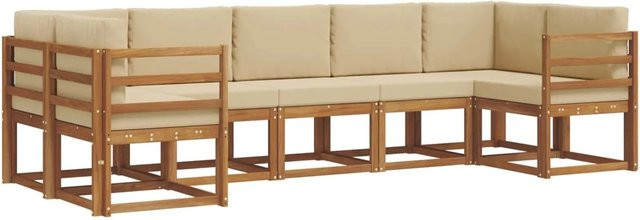 vidaXL Outdoor-Sofagarnitur 7-teilig aus Akazienholz in Natur und Beige mit Kissen und Armlehnen - Bild 1