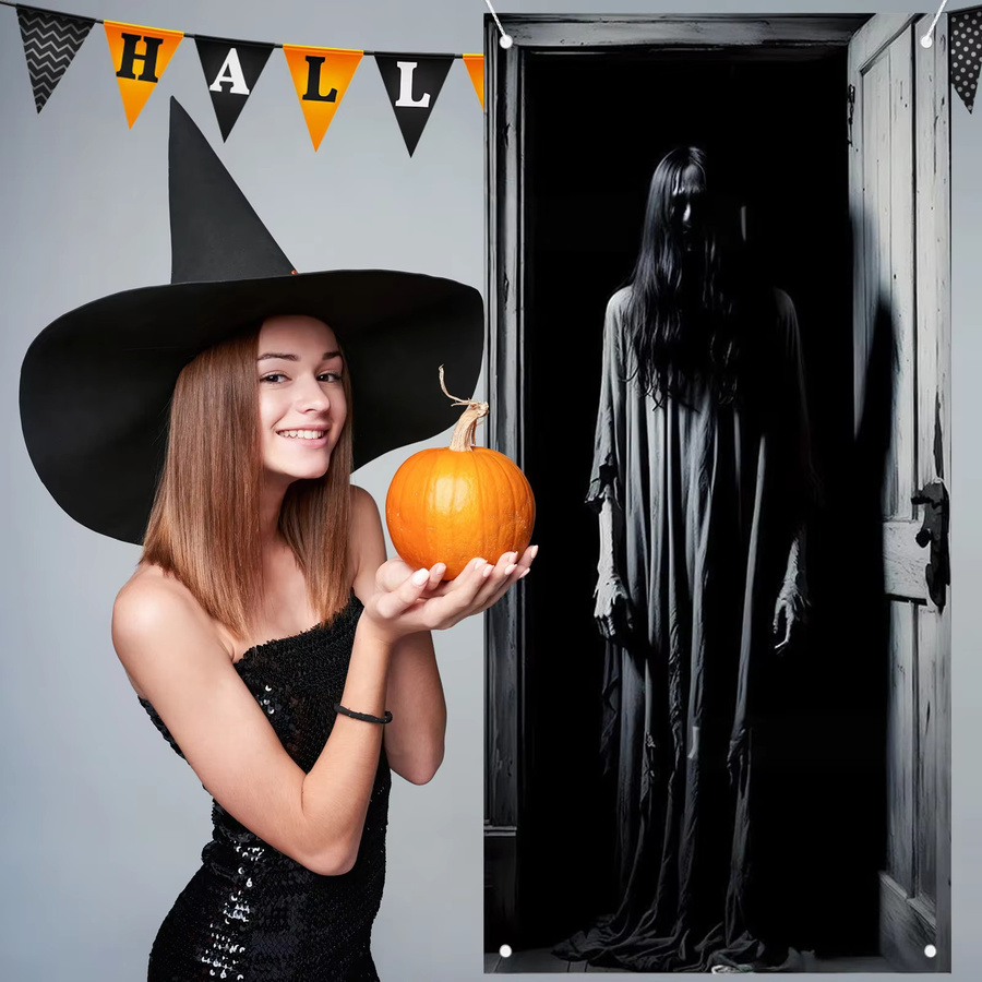 VIKAMA Halloween Türbanner Geist Dekoration für innen und außen, Weiß, B/H: 90 x 180 cm - Bild 4