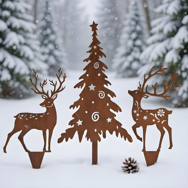 3-teiliges Weihnachts-Hofschilder-Set aus Metall in Gelb und Braun für den Außenbereich - Bild 1